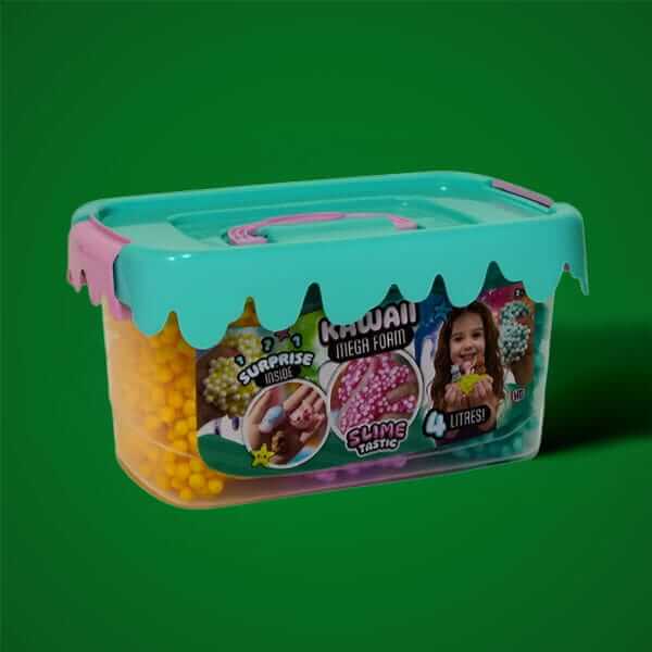 Kawaii-themed slime foam activity kit in a colourful storage tub, displayed against a green background.